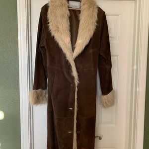 Real suede leather full length coat with faux fur trim